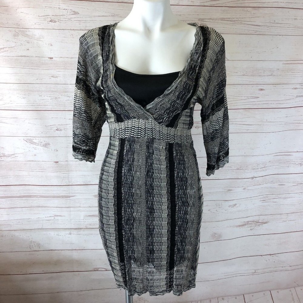 INC US Size L Silver/Black Metallic Loose Knit 3/4 Sleeve V-neck Slip Dress READ